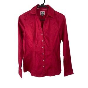 Express The Essential Womens Red Button Down Shirt V Neck Size Xs Work Office